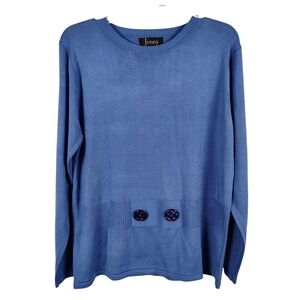 Jenny Womens L Blue Button Accent Knit Sweater Long Sleeve Crew Neck Retro Core